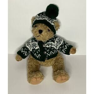 Stuffed Plush Green Winter Sweater Brown Bear 14" Jointed Limbs